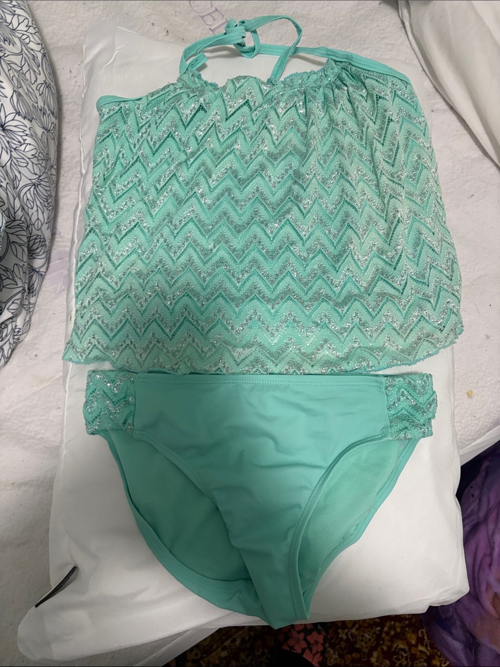 Justice Mint Green Girls' Tankini with Lace Chevron Overlay